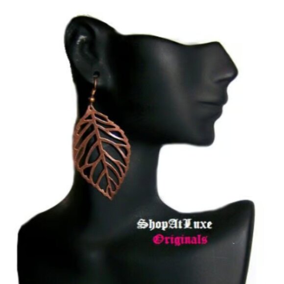 Turquoise Embellished Leaf Earrings (available in silver or copper!) - Picture 2 of 3